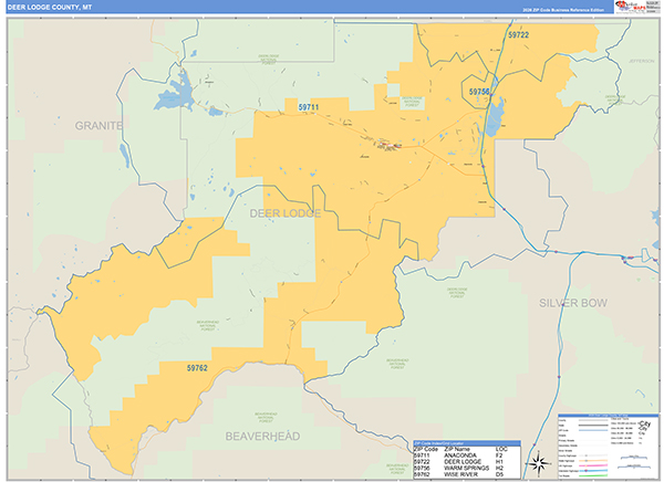 Deer Lodge County, MT Zip Code Wall Map